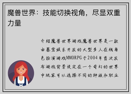 魔兽世界：技能切换视角，尽显双重力量